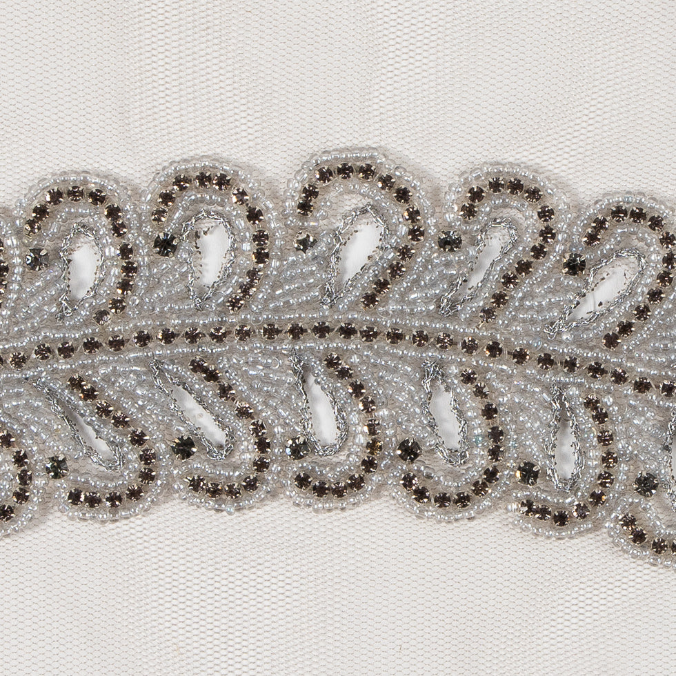 Gray Fancy Beaded Rhinestone Trim - 2" Detail Gray Fancy Beaded Rhinestone Trim - 2" Detail