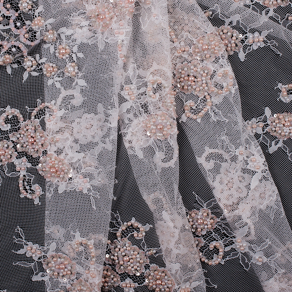 White/Pink Scallop Edge Beaded and Sequined Floral Lace - Folded White/Pink Scallop Edge Beaded and Sequined Floral Lace - Folded