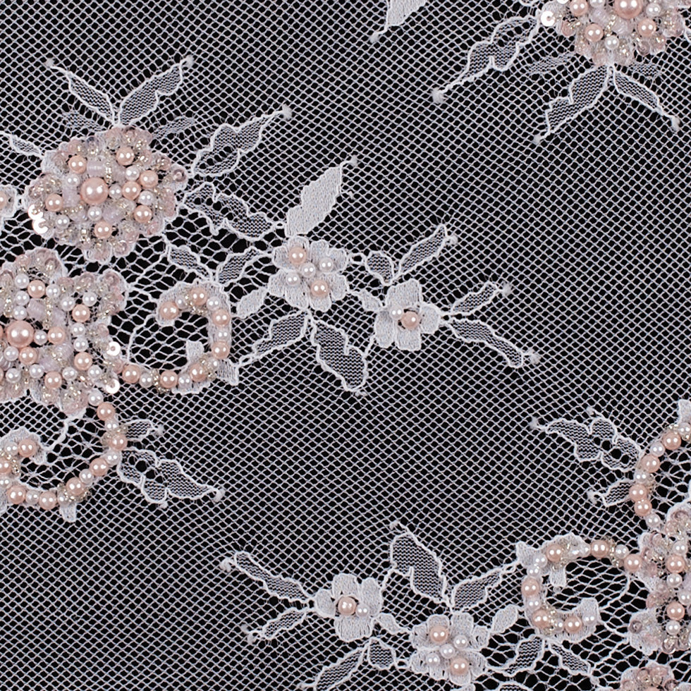 White/Pink Scallop Edge Beaded and Sequined Floral Lace - Detail White/Pink Scallop Edge Beaded and Sequined Floral Lace - Detail