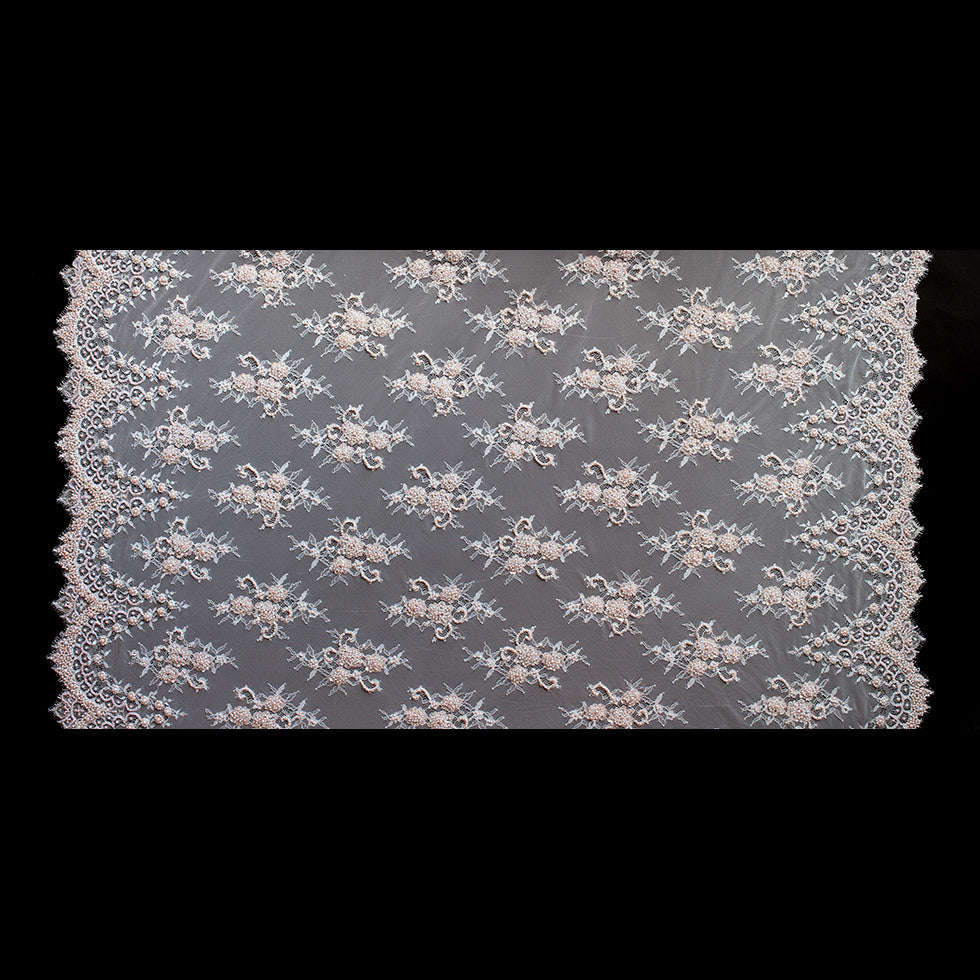 White/Pink Scallop Edge Beaded and Sequined Floral Lace - Full White/Pink Scallop Edge Beaded and Sequined Floral Lace - Full