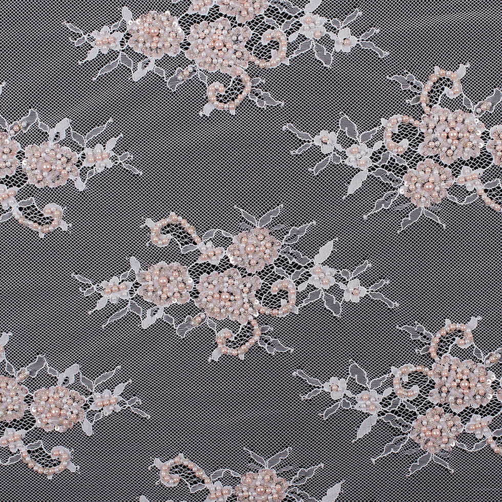 White/Pink Scallop Edge Beaded and Sequined Floral Lace White/Pink Scallop Edge Beaded and Sequined Floral Lace