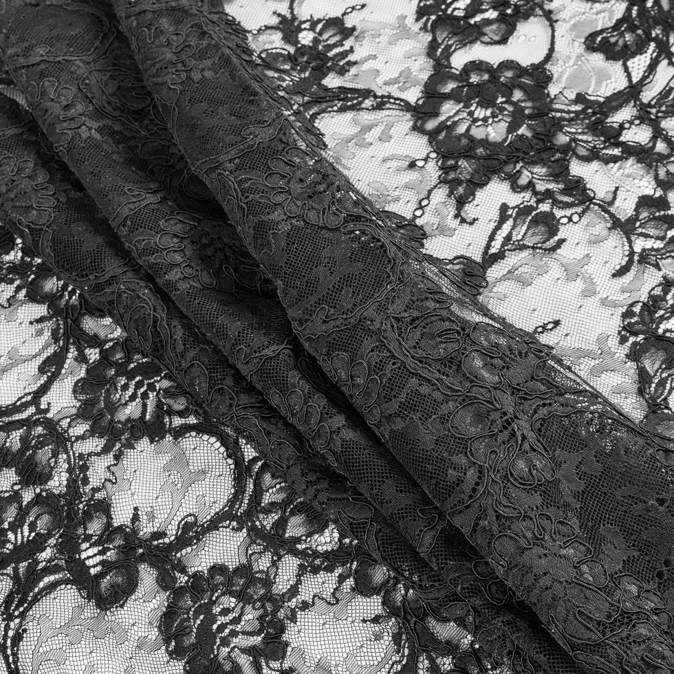 Black Floral Corded Lace - Folded Black Floral Corded Lace - Folded