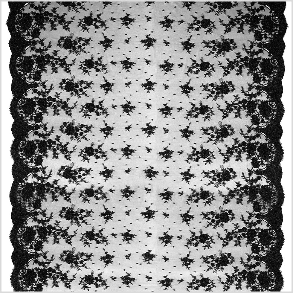 Black Scallop Edge Lacey Floral Beaded Mesh Full Black Scallop Edge Lacey Floral Beaded Mesh Full
