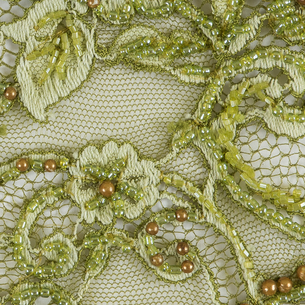 Olive Fancy Beaded Lace w/ Scalloped Edges Detail Olive Fancy Beaded Lace w/ Scalloped Edges Detail