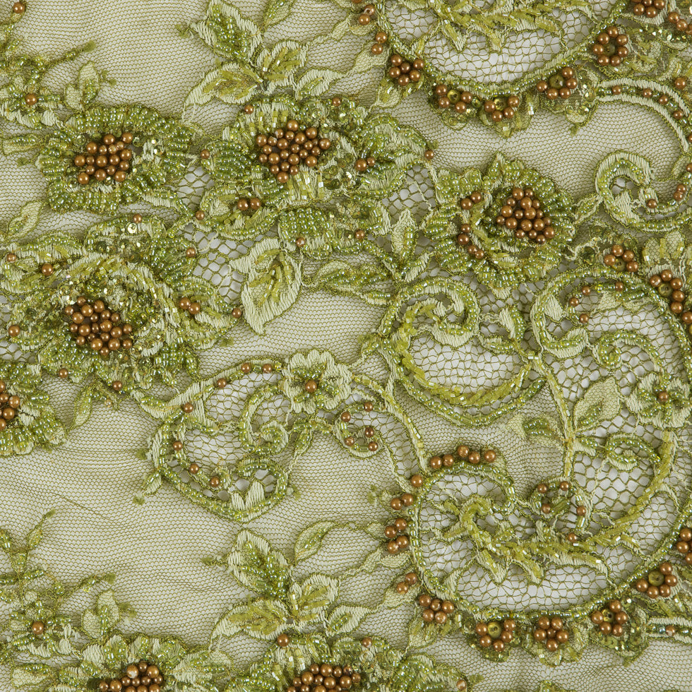 Olive Fancy Beaded Lace w/ Scalloped Edges Olive Fancy Beaded Lace w/ Scalloped Edges