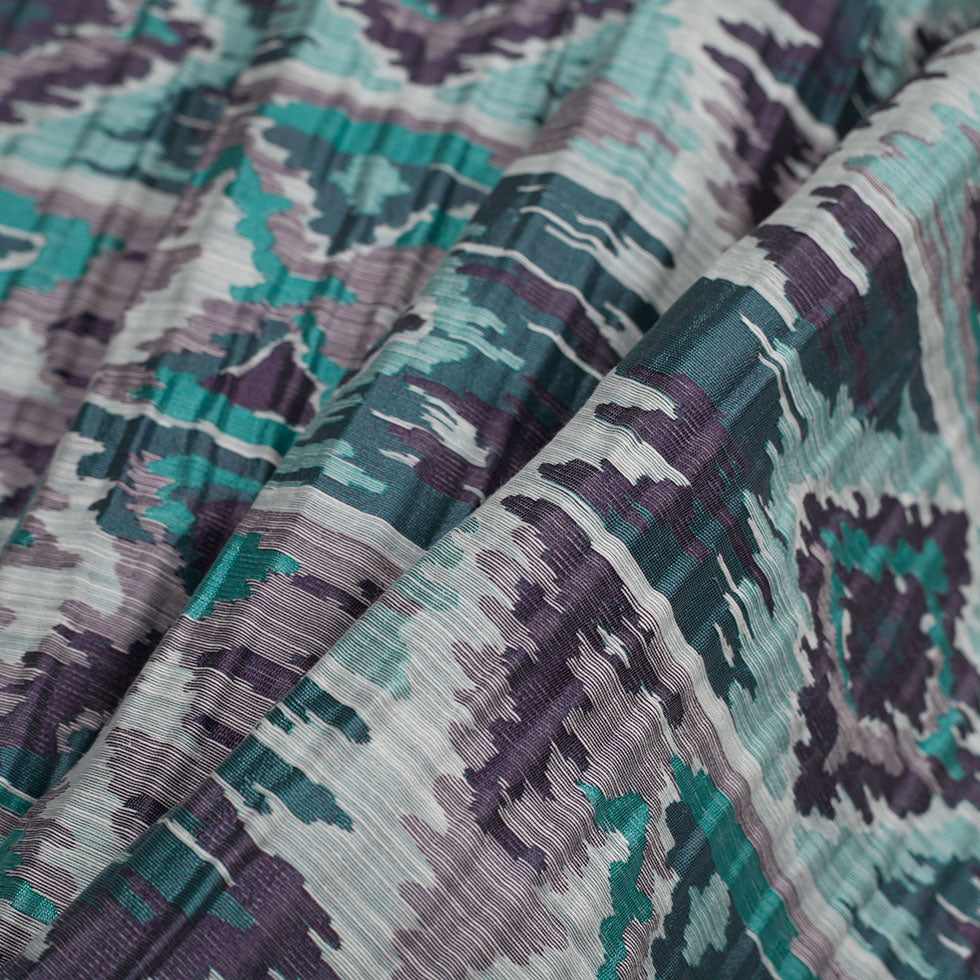 Indian Aqua/Purple Ikat-Like Geometric Poly/Cotton Brocade - Folded Indian Aqua/Purple Ikat-Like Geometric Poly/Cotton Brocade - Folded