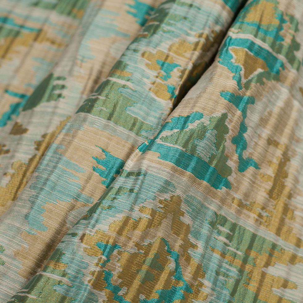 Indian Blue/Yellow Ikat-Like Geometric Poly/Cotton Brocade Folded Indian Blue/Yellow Ikat-Like Geometric Poly/Cotton Brocade Folded