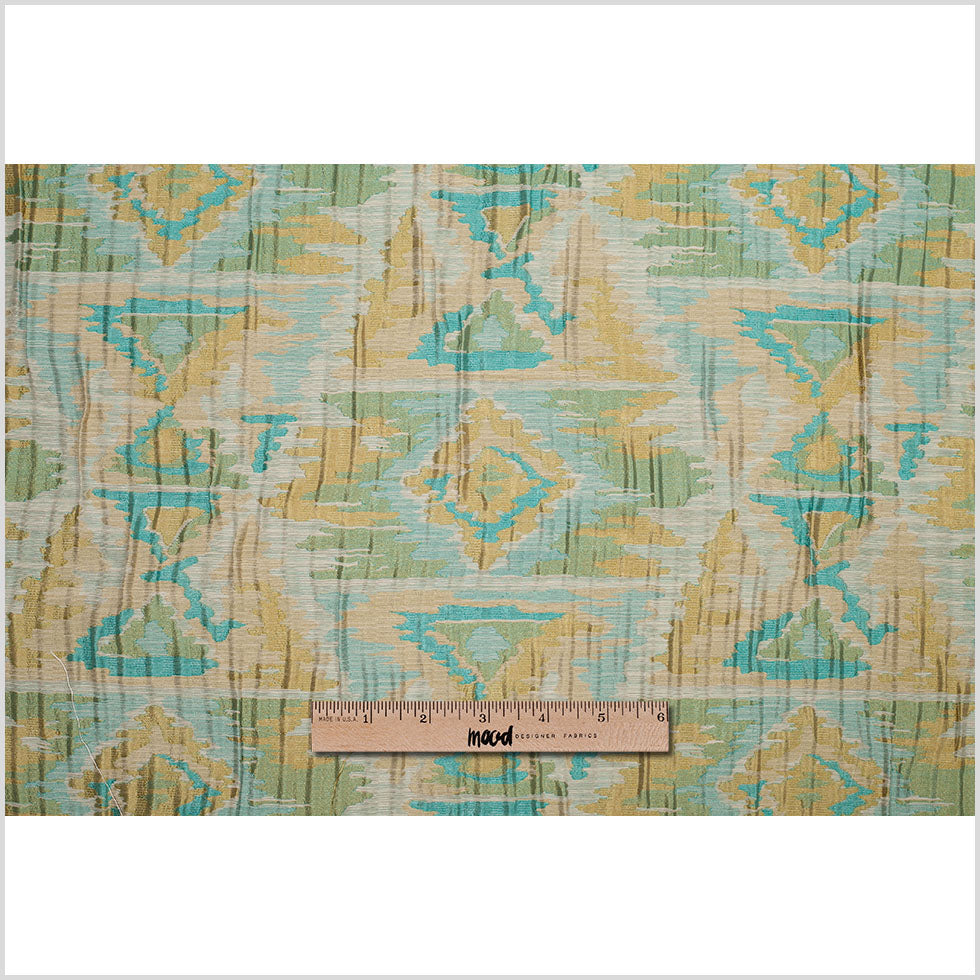 Indian Blue/Yellow Ikat-Like Geometric Poly/Cotton Brocade Full Indian Blue/Yellow Ikat-Like Geometric Poly/Cotton Brocade Full