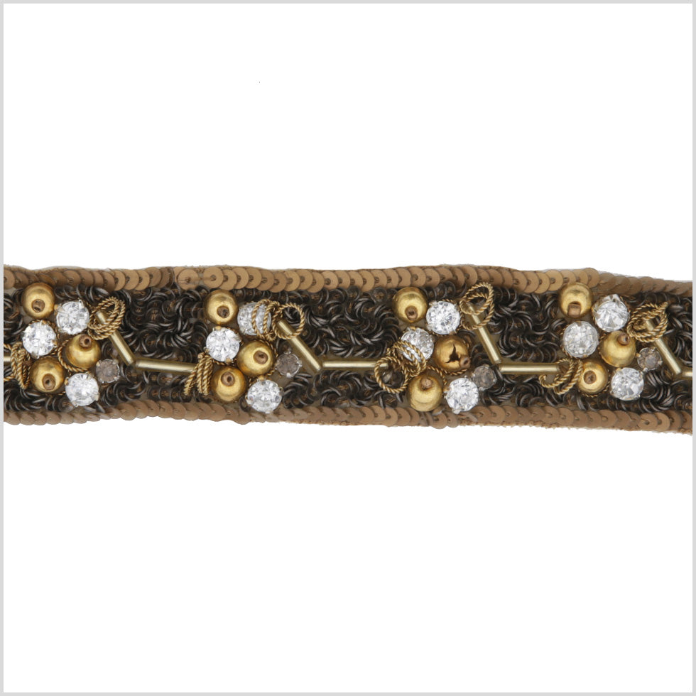 1.25" Gold/Copper/Brown Beaded Sequins and Rhinestone Trim