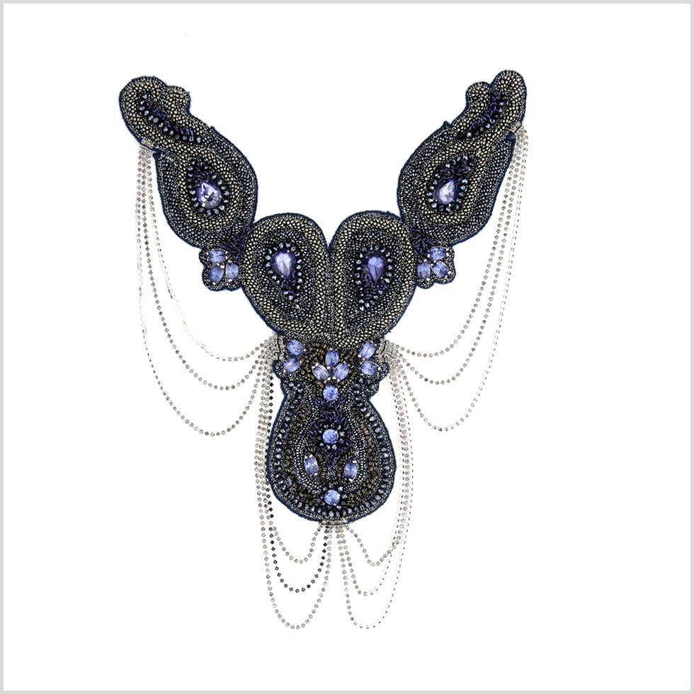 Navy/Gunmetal Beaded Rhinestone Neck Applique Navy/Gunmetal Beaded Rhinestone Neck Applique