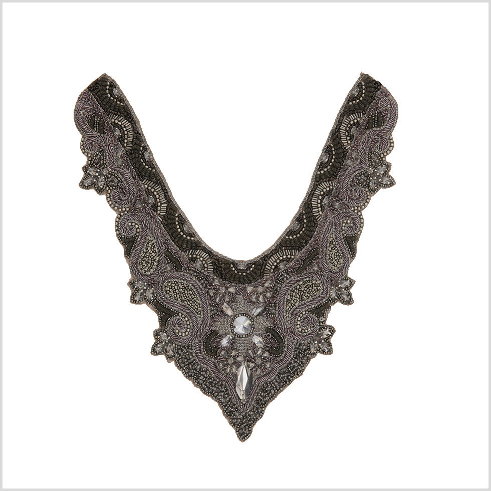 Gunmetal Beaded Rhinestone Neck Applique Gunmetal Beaded Rhinestone Neck Applique