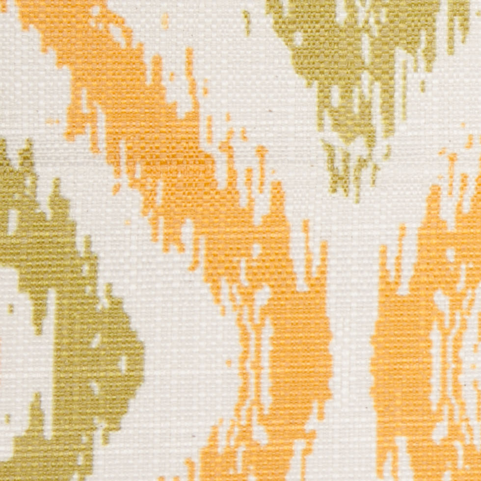 Spanish Green/Orange Ikat-Like Geometric Poly/Cotton Canvas - Detail Spanish Green/Orange Ikat-Like Geometric Poly/Cotton Canvas - Detail