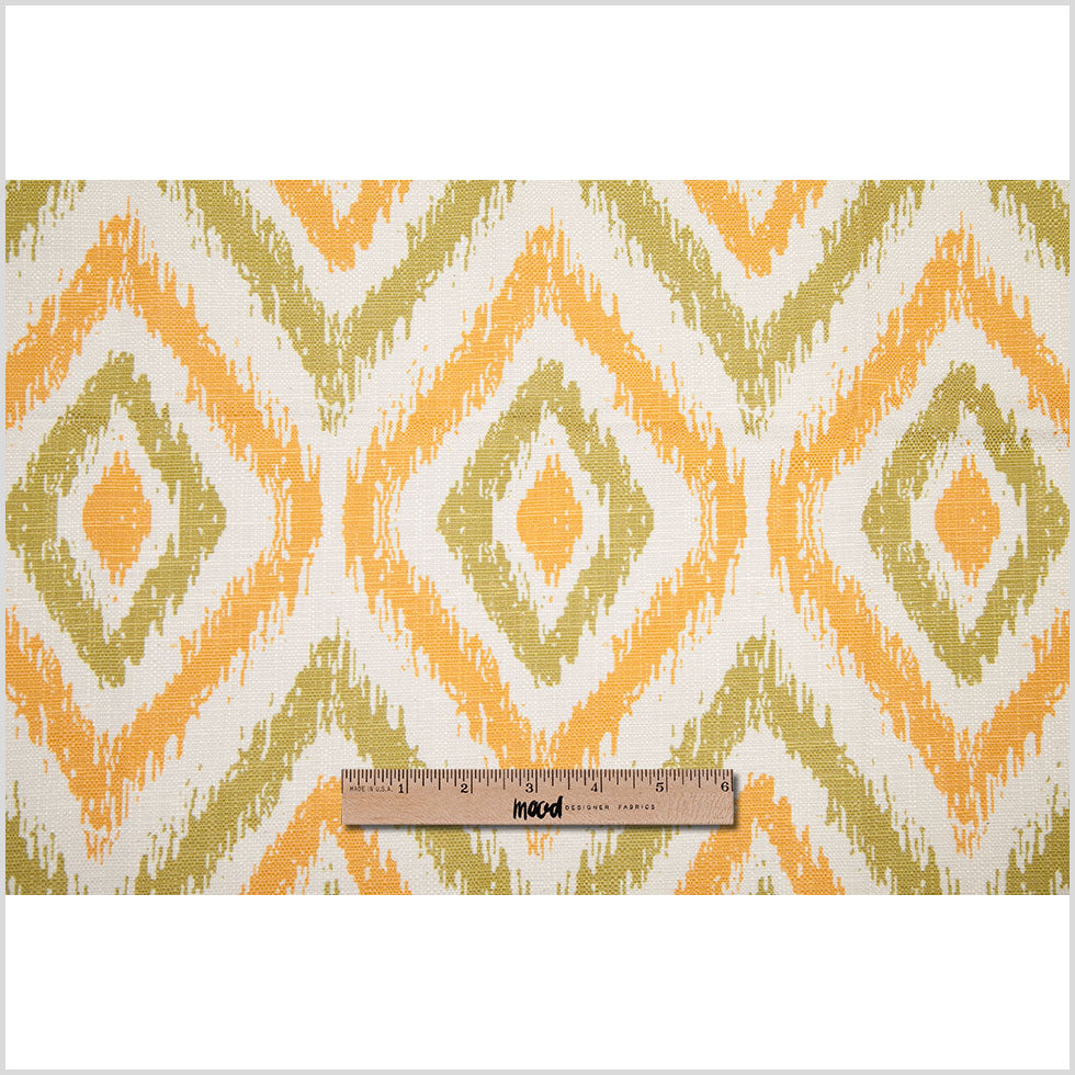 Spanish Green/Orange Ikat-Like Geometric Poly/Cotton Canvas - Full Spanish Green/Orange Ikat-Like Geometric Poly/Cotton Canvas - Full