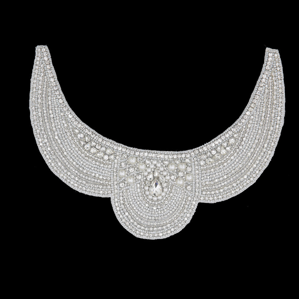 Pearl White/Silver Beaded Rhinestone Neck Applique Pearl White/Silver Beaded Rhinestone Neck Applique
