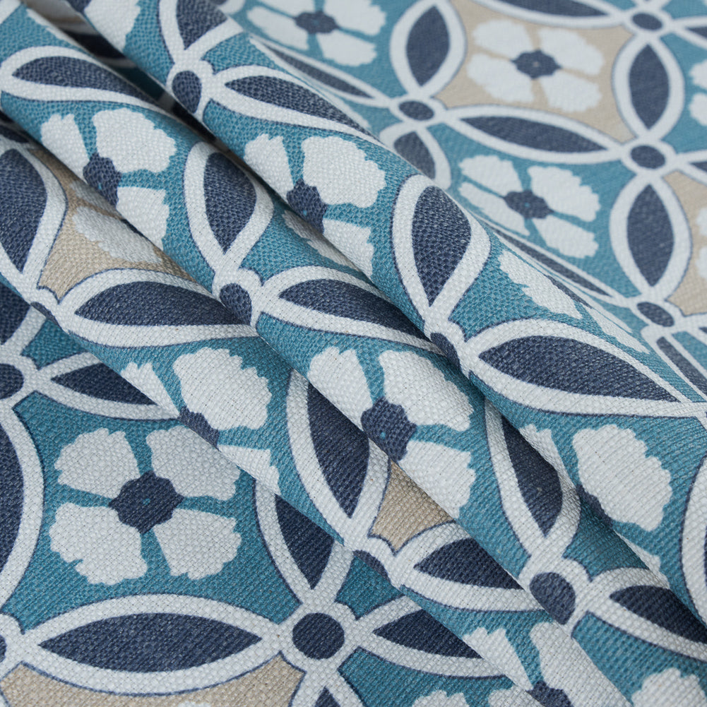 Spanish Navy and Beige Floral Geometric Poly-Cotton Canvas - Folded Spanish Navy and Beige Floral Geometric Poly-Cotton Canvas - Folded