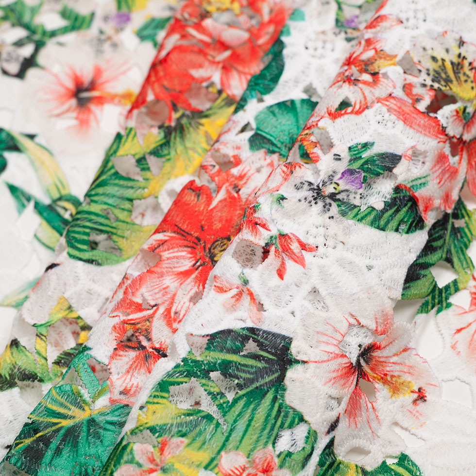 Venise Lace with Finished Edges - Red and Green Tropical Floral Printed Folded Venise Lace with Finished Edges - Red and Green Tropical Floral Printed Folded