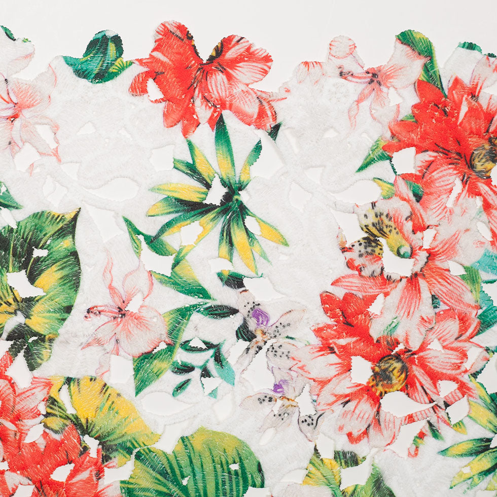 Venise Lace with Finished Edges - Red and Green Tropical Floral Printed Detail Venise Lace with Finished Edges - Red and Green Tropical Floral Printed Detail