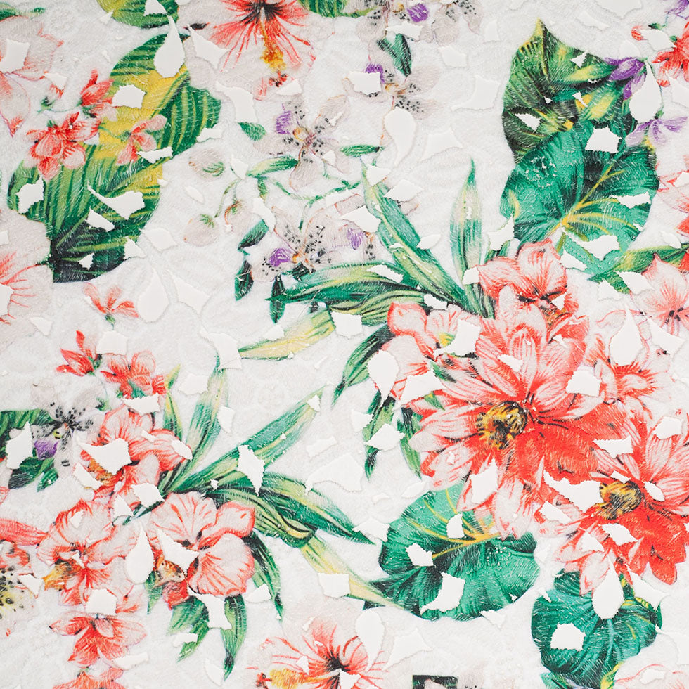 Venise Lace with Finished Edges - Red and Green Tropical Floral Printed Venise Lace with Finished Edges - Red and Green Tropical Floral Printed