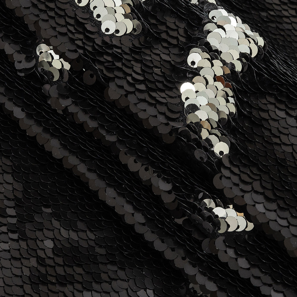 Stretch Rayon Jersey with Two-Tone Paillette Sequins - Silver and Black - Nyla Collection Folded Stretch Rayon Jersey with Two-Tone Paillette Sequins - Silver and Black - Nyla Collection Folded