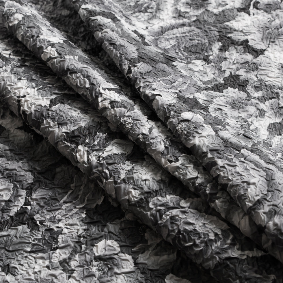 Black/White Floral Print on Crushed Polyester Woven - Folded Black/White Floral Print on Crushed Polyester Woven - Folded