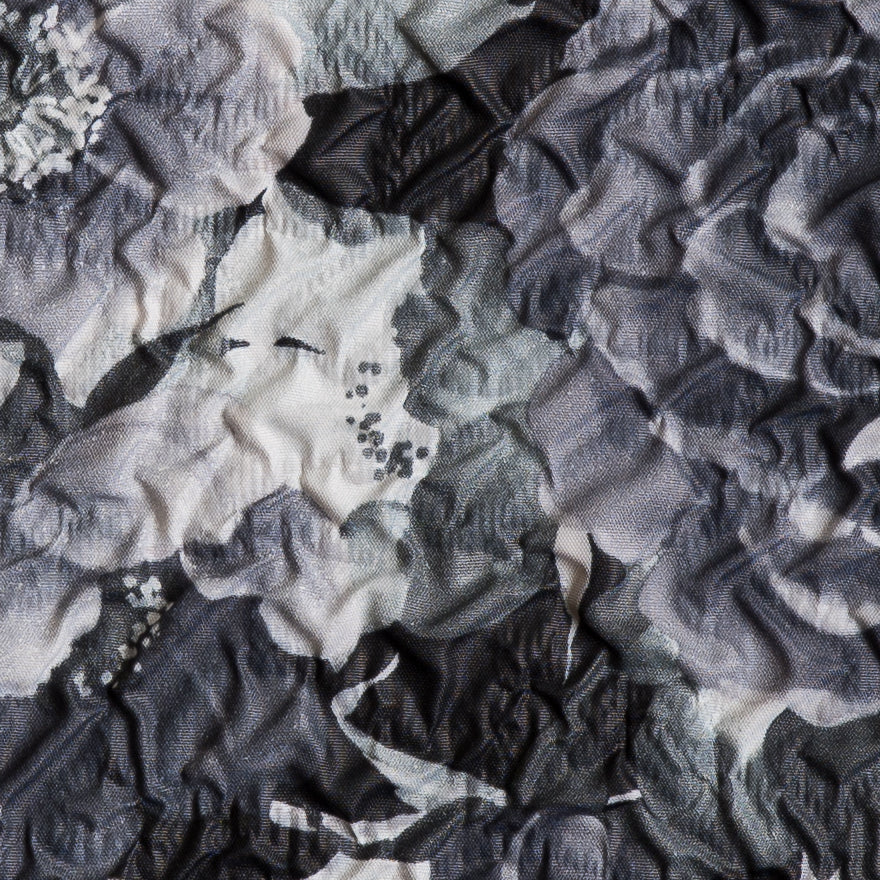 Black/White Floral Print on Crushed Polyester Woven - Detail Black/White Floral Print on Crushed Polyester Woven - Detail
