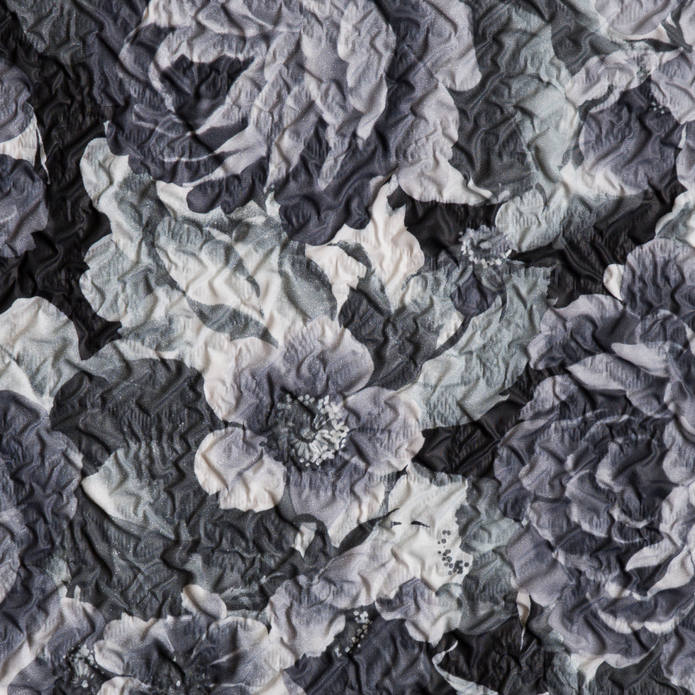 Black/White Floral Print on Crushed Polyester Woven Black/White Floral Print on Crushed Polyester Woven