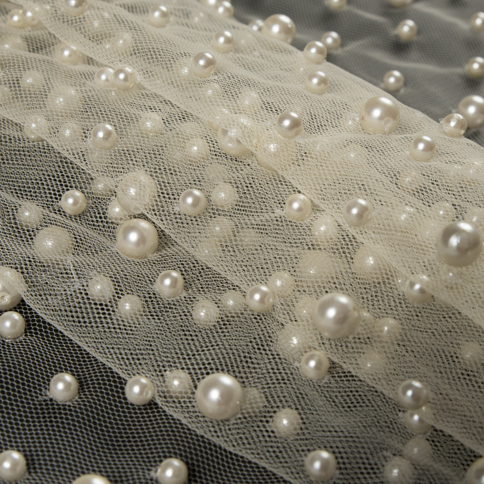 Mesh Lace with Pearl Beads - Whisper White Detail Mesh Lace with Pearl Beads - Whisper White Detail