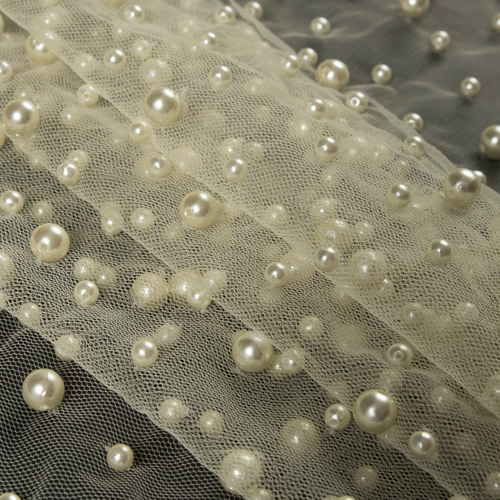 Mesh Lace with Pearl Beads - Ivory Detail Mesh Lace with Pearl Beads - Ivory Detail