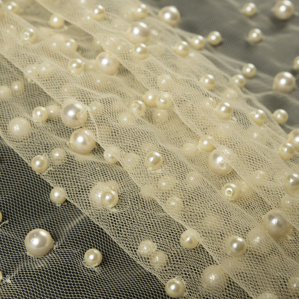 Fancy Pale Yellow Pearled Mesh/Lace - Detail Fancy Pale Yellow Pearled Mesh/Lace - Detail
