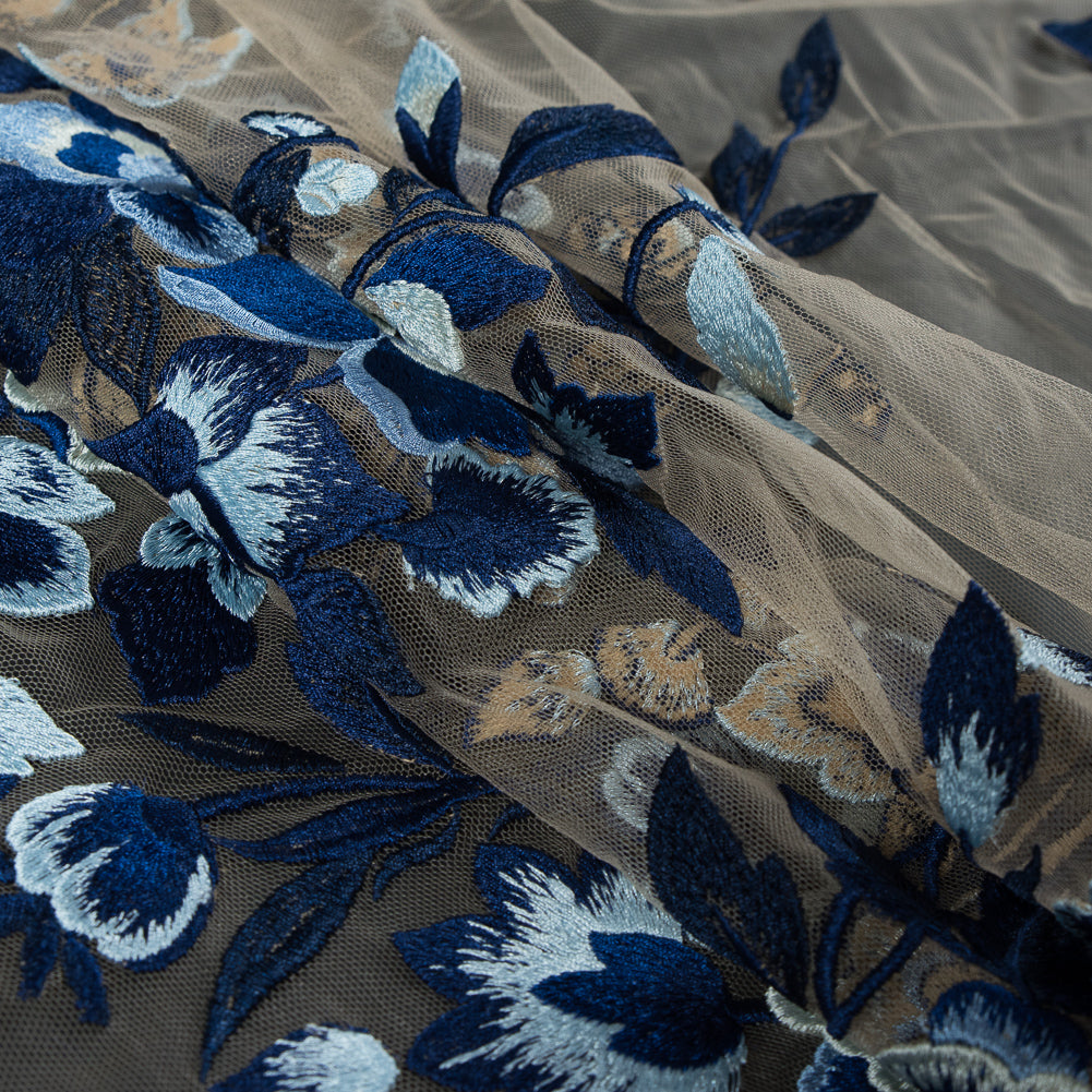 Royal Blue and Sea Foam Novelty Floral Embroidered Mesh Detail Royal Blue and Sea Foam Novelty Floral Embroidered Mesh Detail