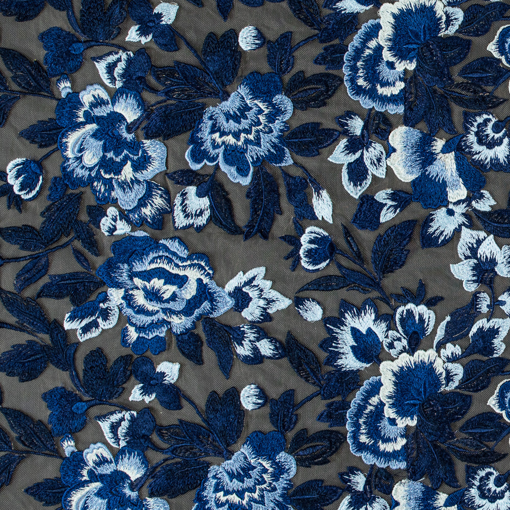 Royal Blue and Sea Foam Novelty Floral Embroidered Mesh Royal Blue and Sea Foam Novelty Floral Embroidered Mesh
