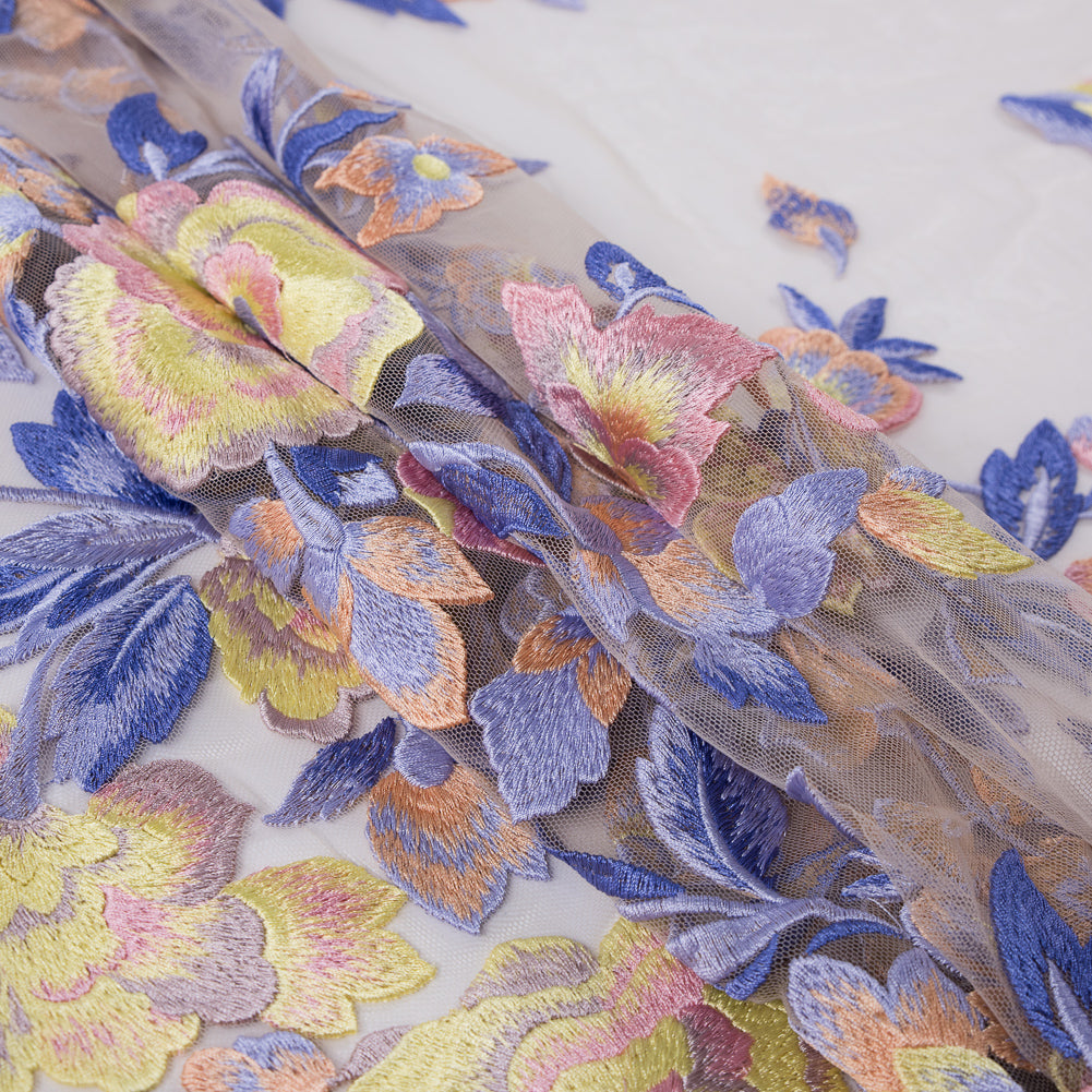 Lavender and Yellow Novelty Floral Embroidered Mesh Detail Lavender and Yellow Novelty Floral Embroidered Mesh Detail