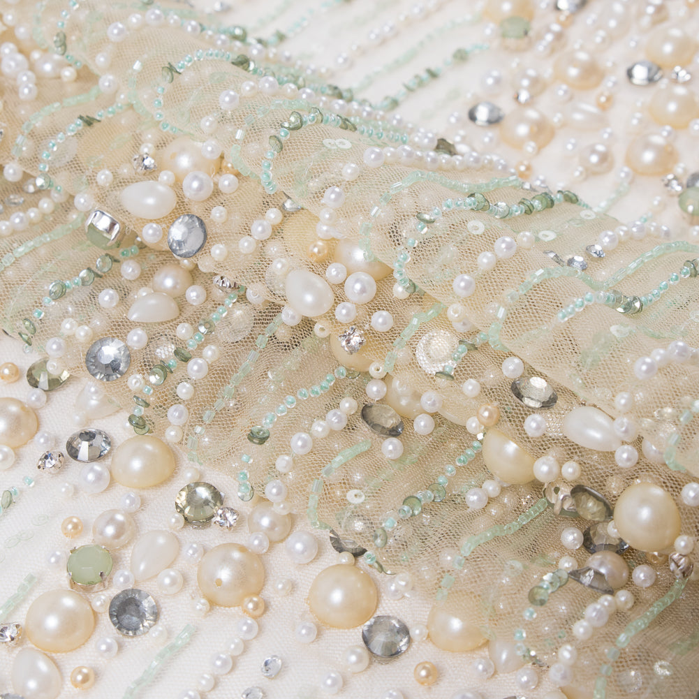 Champagne and Mint Fancy Beaded Tulle - Detail Champagne and Mint Fancy Beaded Tulle - Detail