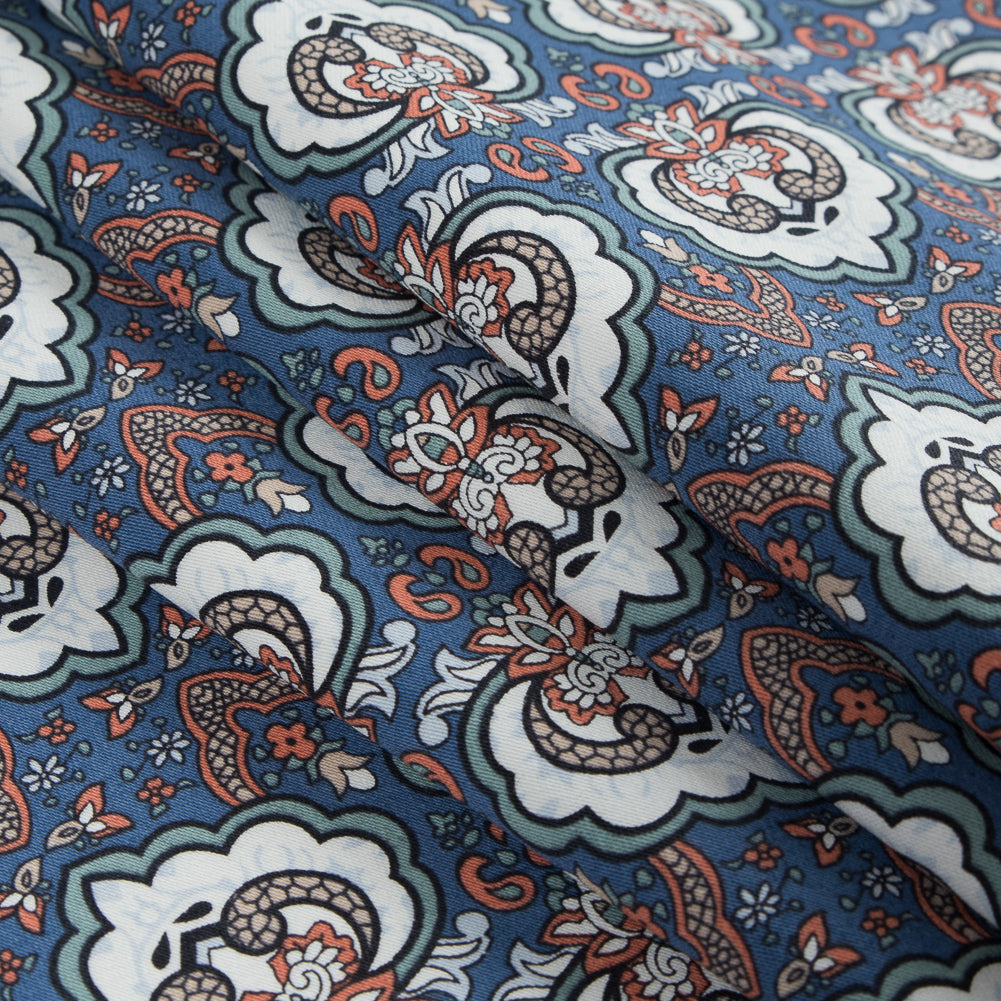 Blue/Orange/Green Printed Stretch Cotton Sateen - Detail Blue/Orange/Green Printed Stretch Cotton Sateen - Detail