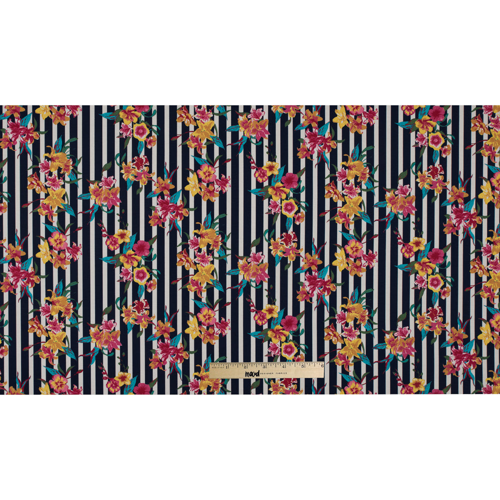Navy/Multicolored Striped Floral Cotton Poplin - Folded Navy/Multicolored Striped Floral Cotton Poplin - Folded