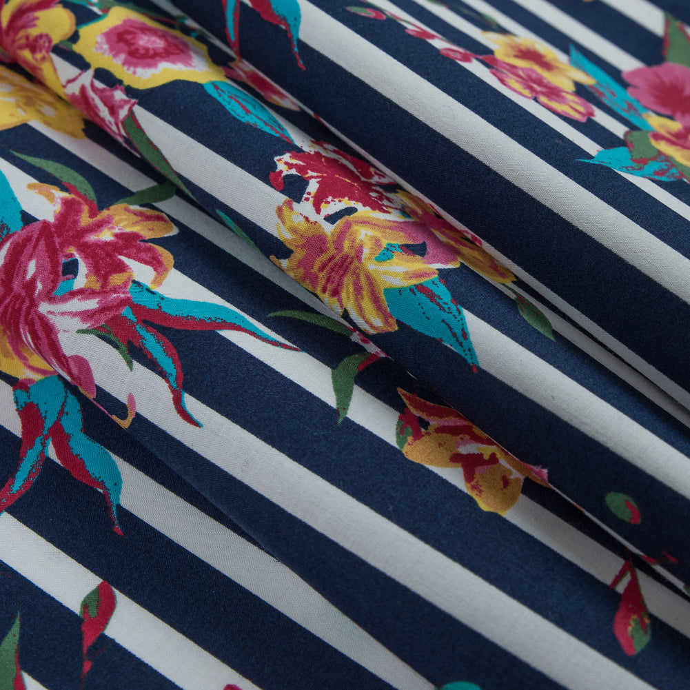 Navy/Multicolored Striped Floral Cotton Poplin - Detail Navy/Multicolored Striped Floral Cotton Poplin - Detail