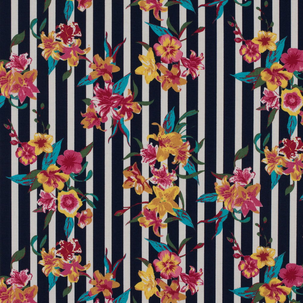 Navy/Multicolored Striped Floral Cotton Poplin Navy/Multicolored Striped Floral Cotton Poplin