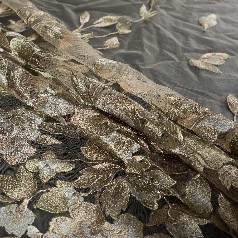Metallic Gold Floral Embroidered Tulle - Folded Metallic Gold Floral Embroidered Tulle - Folded
