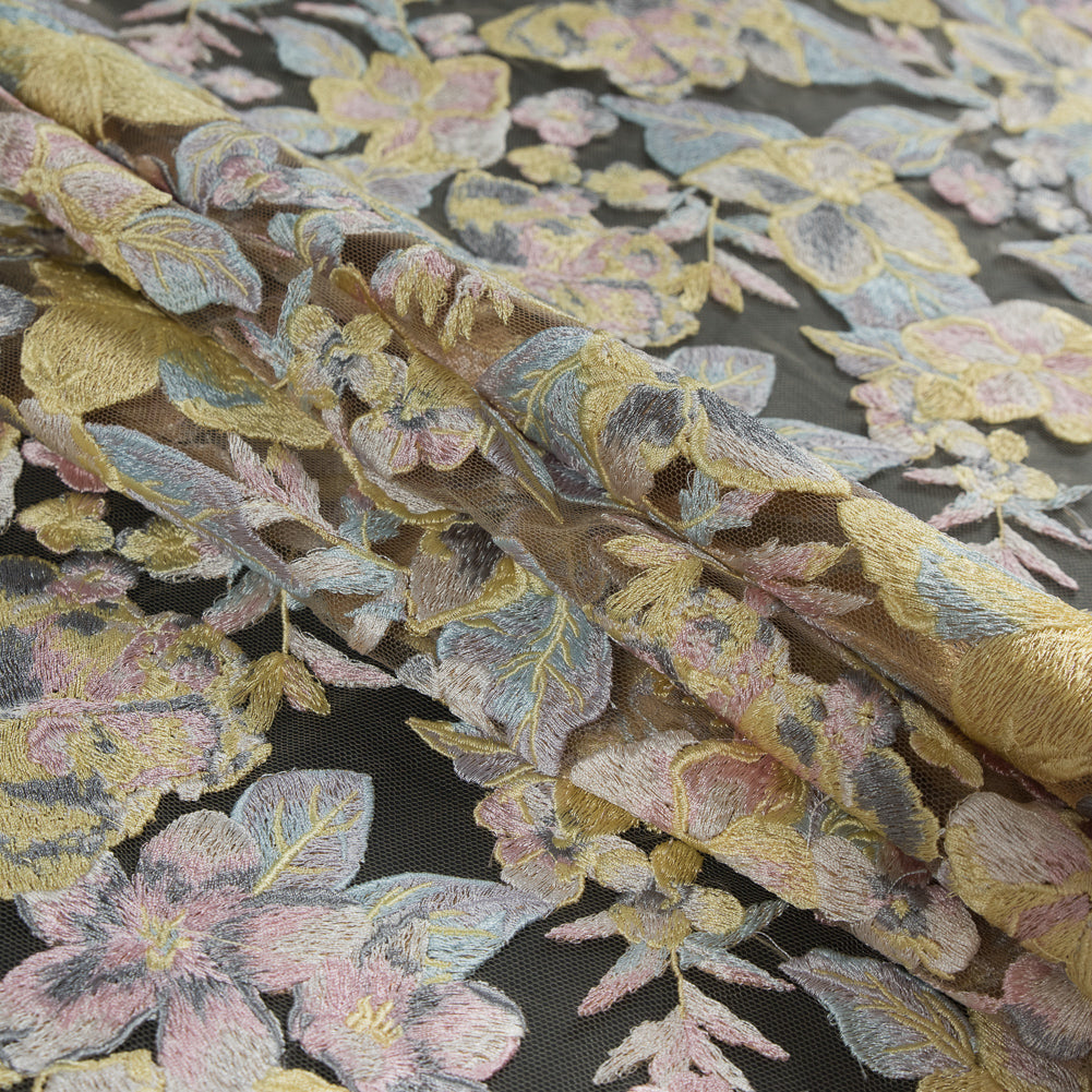 Embroidered Mesh Lace - Pastel Floral on Nude Folded Embroidered Mesh Lace - Pastel Floral on Nude Folded
