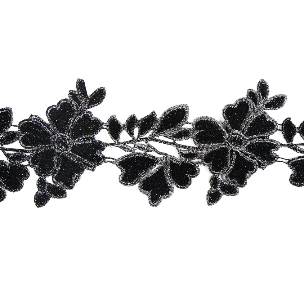 3D Metallic Gunmetal Floral Lace Trim - 5 3D Metallic Gunmetal Floral Lace Trim - 5
