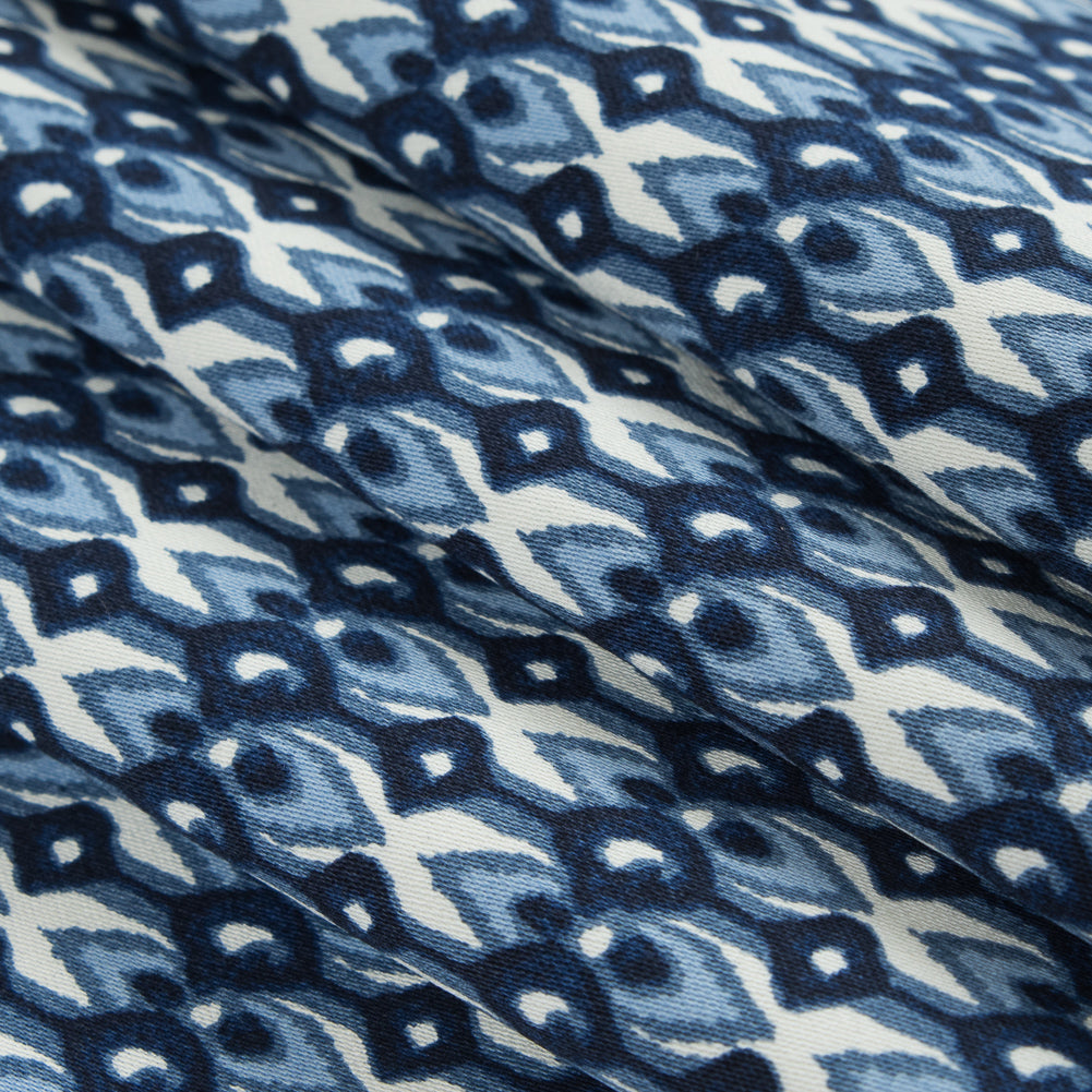 Blue Geometric Ikat Printed Stretch Cotton Sateen Folded Blue Geometric Ikat Printed Stretch Cotton Sateen Folded