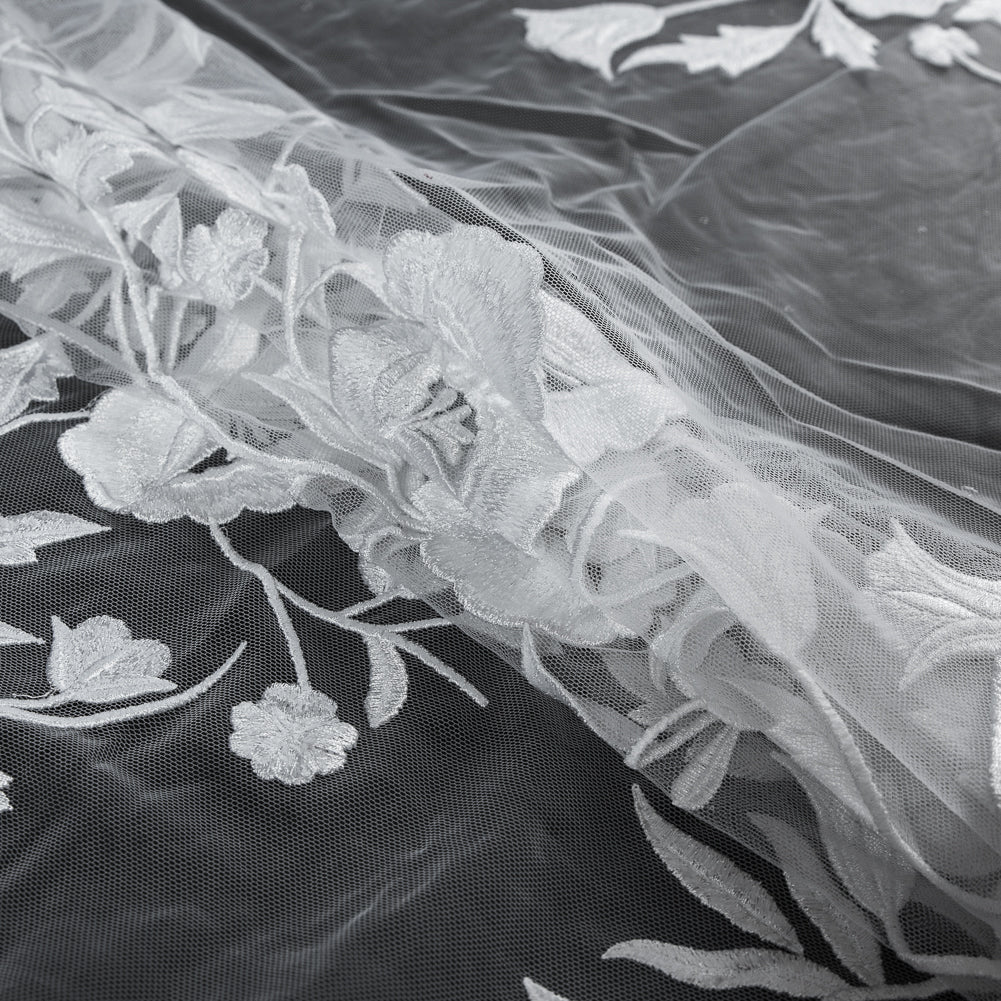 Floral Embroidered Tulle - White on White Folded Floral Embroidered Tulle - White on White Folded