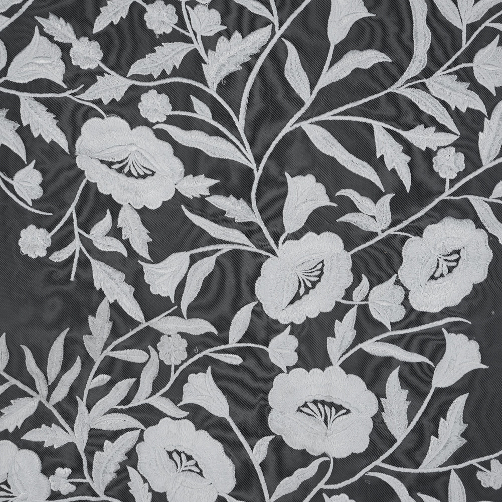 Floral Embroidered Tulle - White on White Floral Embroidered Tulle - White on White