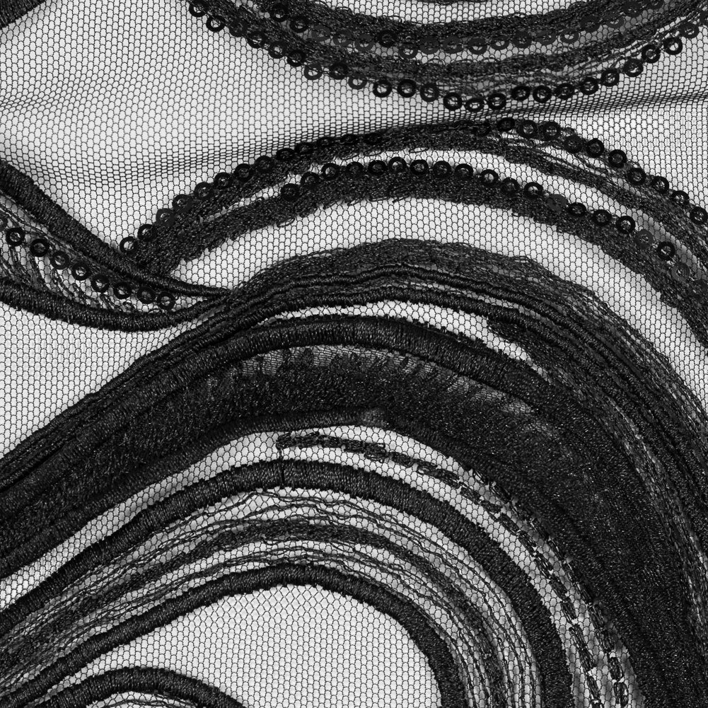 Black Floral Embroidered Lace Panel - Detail Black Floral Embroidered Lace Panel - Detail