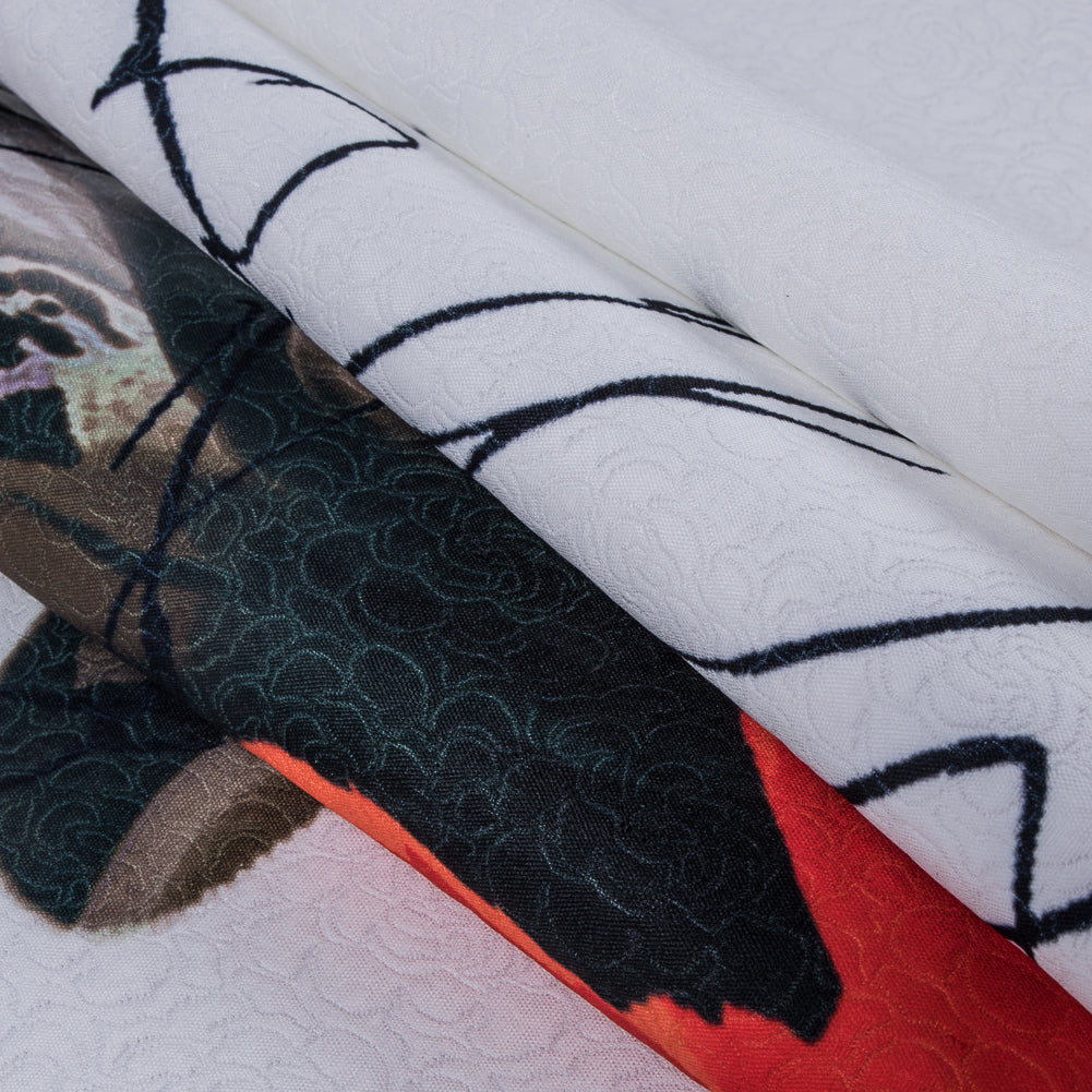 Large Scale Red-Orange Floral Digitally Printed on a Rose Jacquard Detail Large Scale Red-Orange Floral Digitally Printed on a Rose Jacquard Detail