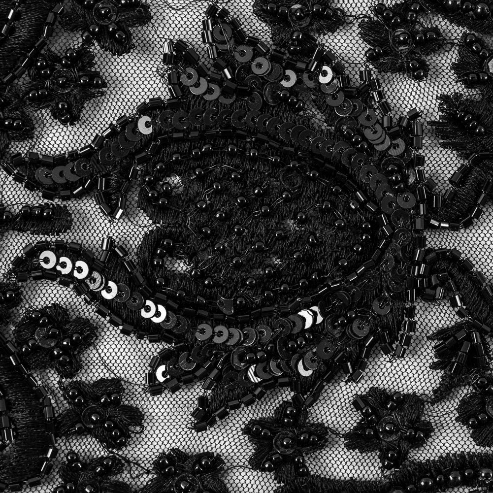 Black Beaded and Embroidered Tulle with Feathers Detail Black Beaded and Embroidered Tulle with Feathers Detail