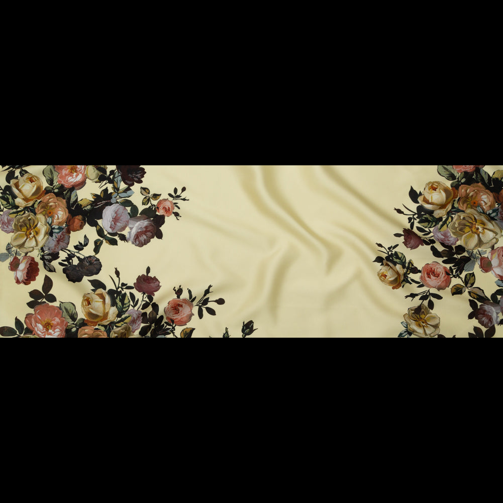 Tender Yellow and Black Forest Digitally Printed Flowers on a Premium Mikado/Twill - Folded Tender Yellow and Black Forest Digitally Printed Flowers on a Premium Mikado/Twill - Folded