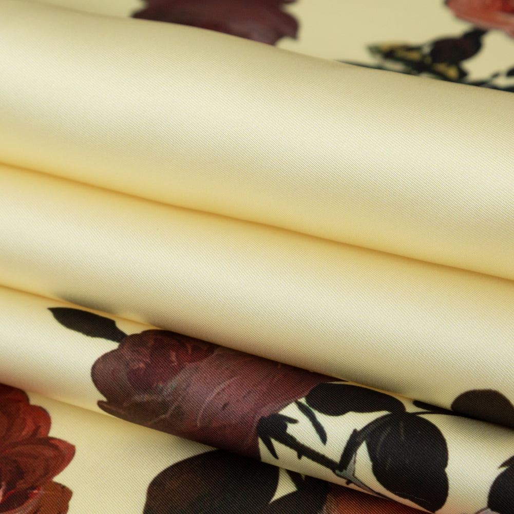Tender Yellow and Black Forest Digitally Printed Flowers on a Premium Mikado/Twill - Detail Tender Yellow and Black Forest Digitally Printed Flowers on a Premium Mikado/Twill - Detail