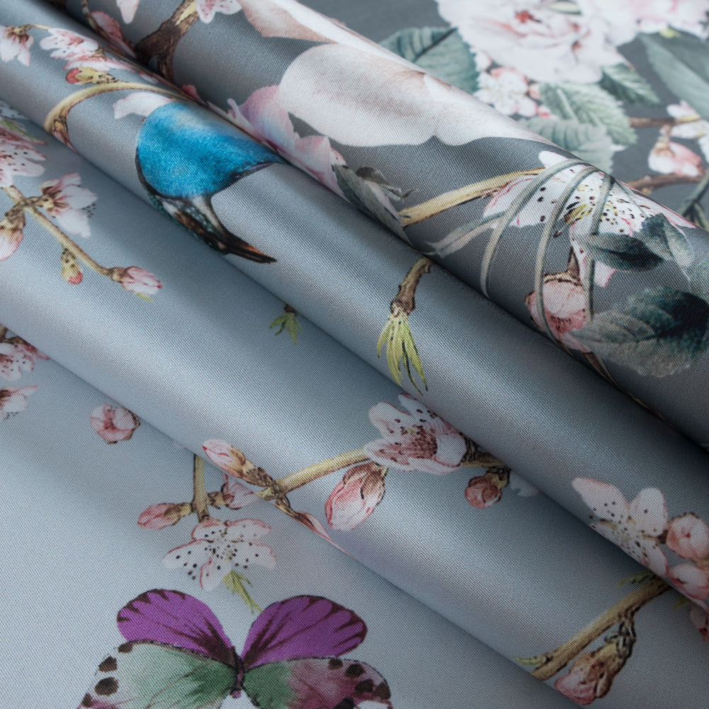 Roses, Hummingbirds and Butterflies Digitally Printed on a Lily Pad Premium Mikado/Twill - Detail Roses, Hummingbirds and Butterflies Digitally Printed on a Lily Pad Premium Mikado/Twill - Detail