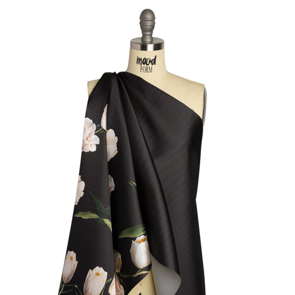 Black and Whisper White Digitally Printed Flowers on a Premium Mikado/Twill - Detail Black and Whisper White Digitally Printed Flowers on a Premium Mikado/Twill - Detail